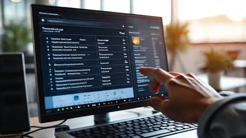 A photorealistic, professional photography image of a computer screen displaying a detailed SEO keyword research interface, with various long-tail keywords and search volume metrics. A hand is hovering over the mouse, indicating active research. 8K, cinematic lighting, sharp focus on the screen, depth of field blurring a background of a modern office, shot on a high-end DSLR.