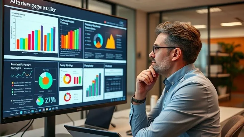photorealistic, professional photography, 8K, cinematic lighting, sharp focus, depth of field, shot on a high-end DSLR, a university financial literacy coordinator thoughtfully analyzing data on a large monitor, displaying colorful charts and graphs illustrating student engagement and financial knowledge improvements, hands on chin, in a modern, well-lit office, conveying data-driven decision making.
