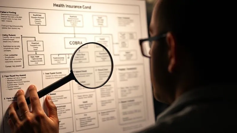 photorealistic, professional photography, 8K, cinematic lighting, sharp focus, depth of field, shot on a high-end DSLR. A person looking thoughtfully at a complex flowchart or diagram illustrating health insurance options and costs, with a magnifying glass over the COBRA section, conveying the complexity and decision-making involved in bridging healthcare costs after quitting a high-paying job for FIRE.