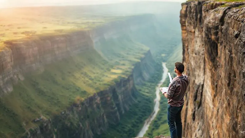 photorealistic, professional photography, 8K, cinematic lighting, sharp focus, depth of field, shot on a high-end DSLR. A person standing at the edge of a cliff, looking across a wide chasm to a vibrant, green landscape on the other side. The chasm represents an income gap. The person is holding a blueprint or financial plan, contemplating the path forward with a determined expression. Subtle warm light illuminates the path ahead.