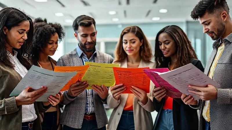 photorealistic, professional photography, 8K, cinematic lighting, sharp focus, depth of field, shot on a high-end DSLR. A diverse group of people, each holding a different colored personal loan application form, thoughtfully comparing terms like interest rates, loan amounts, and repayment schedules displayed on a transparent digital overlay. The background is a modern, clean financial advisory office. The focus is on their analytical expressions.