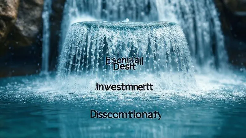 A photorealistic image of a multi-tiered waterfall, with water flowing from a large, full pool at the top into progressively smaller pools below. Each tier is clearly labeled with financial priorities like 'Essentials,' 'Debt,' 'Investments,' and 'Discretionary.' Cinematic lighting, sharp focus on the water flow and labels, depth of field blurring the background, 8K hyper-detailed, professional photography.
