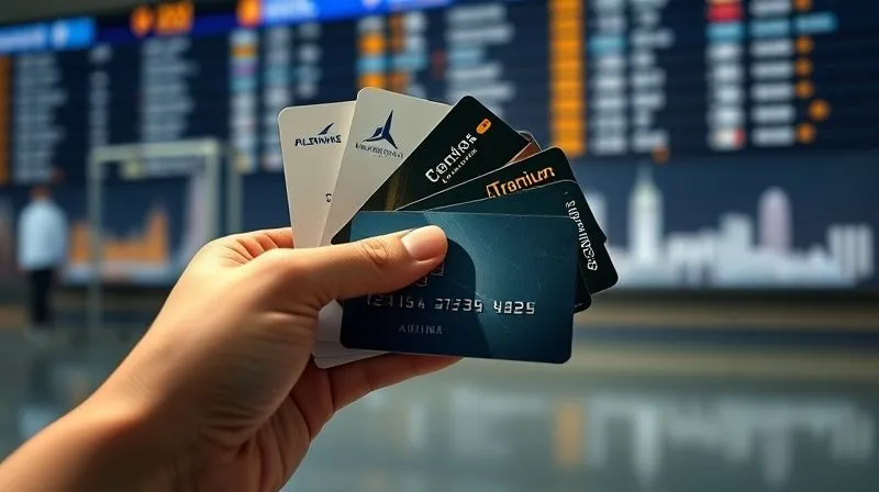 photorealistic, professional photography, 8K, cinematic lighting, sharp focus, depth of field, shot on a high-end DSLR. A hand holding several premium credit cards with different airline and hotel loyalty logos, fanned out like a deck of cards. In the background, subtly blurred, are iconic travel landmarks or a departure board. The lighting highlights the sleekness of the cards, conveying smart financial leverage.