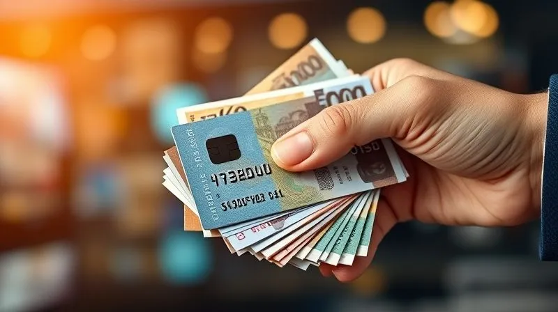 A photorealistic, professional photography, 8K, cinematic lighting, sharp focus, depth of field, shot on a high-end DSLR image of a hand securely holding a stack of various international currencies and a global debit card, with a blurred digital interface of an online banking app in the background, symbolizing secure and global financial management.
