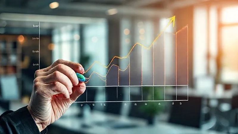 photorealistic, professional photography, 8K, cinematic lighting, sharp focus, depth of field, shot on a high-end DSLR. A person's hand drawing a financial forecast chart on a glass board with colorful markers, showing fluctuating lines but an upward trend, office environment in the background, conveying strategic planning and foresight.
