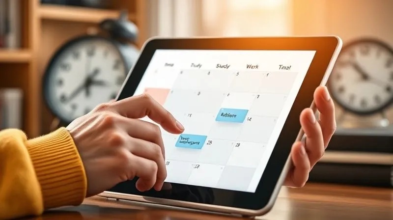 A photorealistic image of a student meticulously organizing a digital calendar on a tablet, with blocks of time clearly allocated for 'Study,' 'Work,' and 'Professional Development.' A clock in the background shows time passing efficiently. The scene is bright and organized, conveying smart time management. Cinematic lighting, sharp focus on the tablet and hands, depth of field blurring the background, 8K hyper-detailed, professional photography, shot on a high-end DSLR.