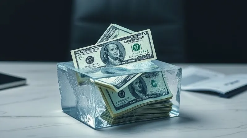 photorealistic, professional photography, 8K, cinematic lighting, sharp focus, depth of field, shot on a high-end DSLR. A stack of dollar bills being used to pay down a metaphorical large block of ice, representing debt. The ice is visibly shrinking, with numbers (interest rates) highlighted on it, symbolizing strategic debt reduction. The background is a clean, modern desk with a financial report open. The image conveys proactive debt management and the melting away of financial burdens.