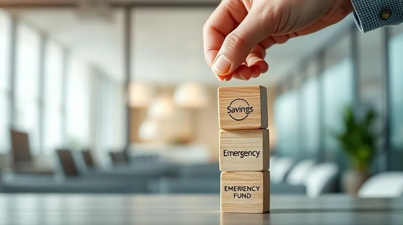 photorealistic, professional photography, 8K, cinematic lighting, sharp focus, depth of field, shot on a high-end DSLR. A person's hand is placing a small, labeled financial building block ('Savings') onto a growing tower of blocks, with other blocks labeled ('Loan Payment', 'Emergency Fund') clearly visible. The background shows a blurry, modern office environment. The image conveys structured financial growth and smart allocation of resources.