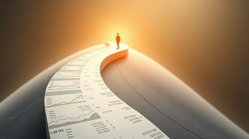 photorealistic, professional photography, 8K, cinematic lighting, sharp focus, depth of field, shot on a high-end DSLR. A winding, ascending path made of financial charts and graphs, leading towards a bright, distant horizon with a small, flourishing tree. The path represents long-term financial growth and planning. The lighting is optimistic and forward-looking, with sharp focus on the path ahead, conveying hope and progress.