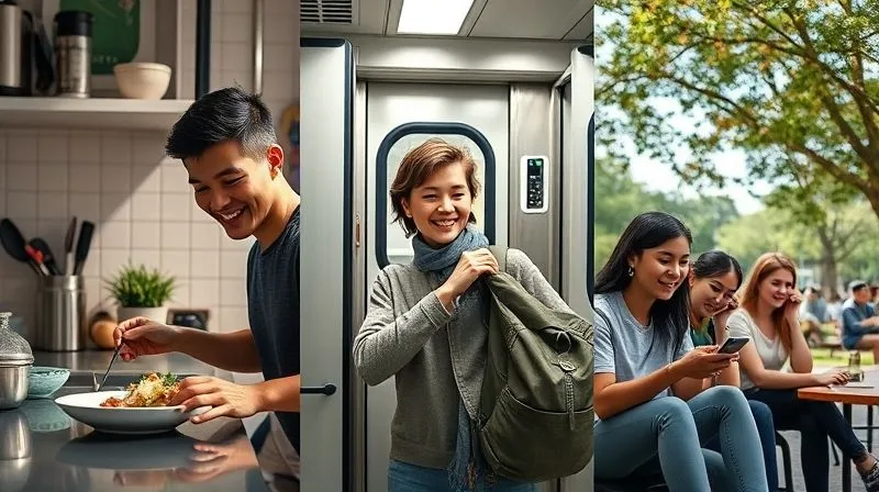 A photorealistic collage image showcasing smart spending habits of a student intern: one panel shows a student happily cooking a meal in a small kitchen, another shows them using public transport (e.g., subway or bus) with a backpack, and a third shows them enjoying a free outdoor concert or park with friends. The overall mood is positive and resourceful, professional photography, cinematic lighting, 8K, sharp focus, depth of field, shot on a high-end DSLR.