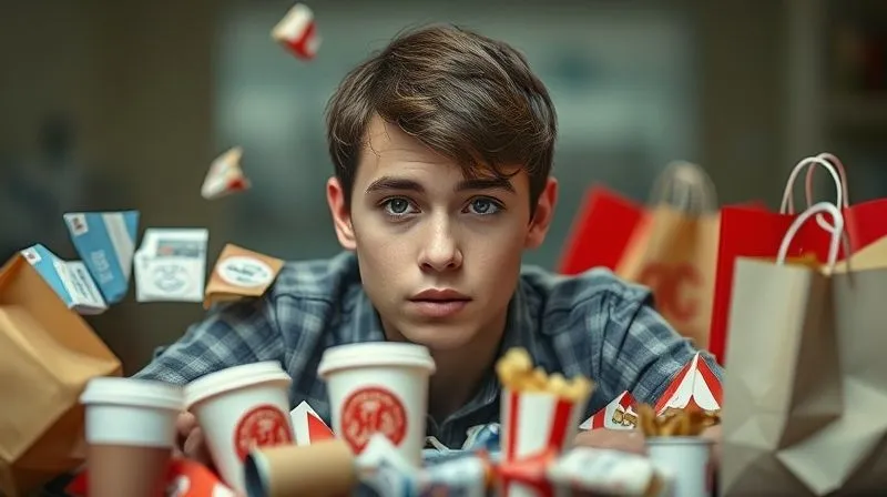 A photorealistic image of a student looking slightly overwhelmed or stressed, surrounded by small, seemingly insignificant expenses like coffee cups, fast food wrappers, and online shopping bags, metaphorically representing the 'death by a thousand cuts' budgeting pitfall. The lighting is slightly dim, emphasizing the struggle, professional photography, 8K, sharp focus on the student's face, depth of field, shot on a high-end DSLR.