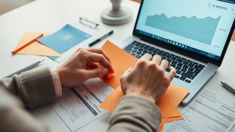 Photorealistic, professional photography, 8K, cinematic lighting, sharp focus, depth of field, shot on a high-end DSLR. A person's hands are meticulously organizing different colored financial documents and digital income statements spread across a minimalist desk, with a laptop displaying a historical income graph showing both peaks and troughs. The overall scene conveys a sense of diligent financial analysis and organization.