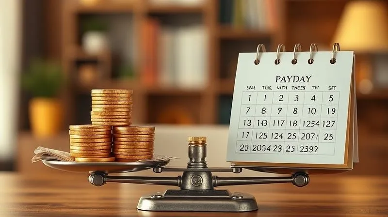 Photorealistic, professional photography, 8K, cinematic lighting, sharp focus, depth of field, shot on a high-end DSLR. A stack of golden coins and crisp banknotes are meticulously arranged on one side of a vintage-style scale, perfectly balancing against a calendar with marked 'payday' dates on the other side. The background is a warm, softly lit home office, symbolizing financial stability and careful planning. Emotional tone: secure, balanced.
