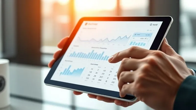 A sleek, modern digital interface of a robo-advisor platform on a tablet, showing simplified charts and account growth, with a busy professional's hands briefly interacting with it. The screen displays clear, intuitive data visualizations of portfolio performance and asset allocation. Photorealistic, professional photography, 8K, cinematic lighting, sharp focus on the tablet and professional's hands, depth of field, shot on a high-end DSLR.