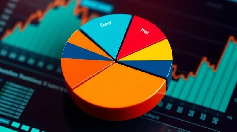 A visually striking pie chart representing a diversified investment portfolio, with different segments clearly labeled (e.g., US Stocks, International Stocks, Bonds, Real Estate). The chart is dynamic and vibrant, set against a blurred background of financial data visualizations. The colors are distinct and professional. Photorealistic, professional photography, 8K, cinematic lighting, sharp focus on the pie chart, depth of field, shot on a high-end DSLR.