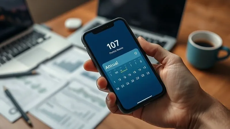 A person's hand holding a smartphone displaying a calendar app with a highlighted annual reminder for "Portfolio Review." The date is clearly marked, and the app interface is clean and modern. In the background, subtly blurred, are financial documents, a laptop, and a steaming cup of coffee on a wooden desk. Photorealistic, professional photography, 8K, cinematic lighting, sharp focus on the smartphone, depth of field, shot on a high-end DSLR.