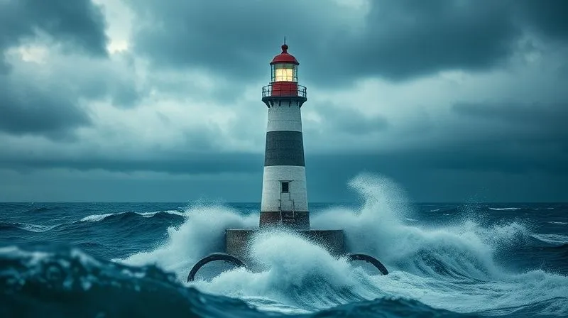 A photorealistic, professional photography, 8K image of a sturdy, well-built lighthouse standing tall against a dramatic, stormy ocean with crashing waves. The lighthouse beam cuts through the dark clouds, symbolizing guidance and security amidst financial uncertainty. Sharp focus on the lighthouse, with depth of field blurring the turbulent sea. Cinematic lighting emphasizes the resilience and steadfastness. Emotional resonance: safety, stability, hope.