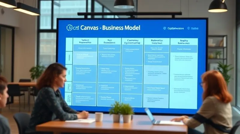 A photorealistic, professional photography image of a detailed business model canvas on a large digital screen, with specific sections for 'Value Proposition,' 'Customer Segments,' 'Key Partnerships,' 'Revenue Streams,' and 'Security Measures' clearly highlighted and interconnected. The scene is in a modern, collaborative workspace with soft, ambient cinematic lighting, sharp focus on the canvas, depth of field blurring the background team members. 8K hyper-detailed, shot on a high-end DSLR.