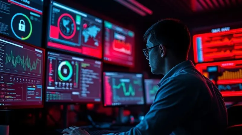 A photorealistic, professional photography image of a cybersecurity operations center, with multiple screens displaying real-time threat intelligence dashboards, network traffic visualizations, and security alerts. The scene is dark with intense blue and red cinematic lighting emanating from the screens, sharp focus on a cybersecurity analyst intently monitoring, depth of field blurring the background servers. 8K hyper-detailed, shot on a high-end DSLR.
