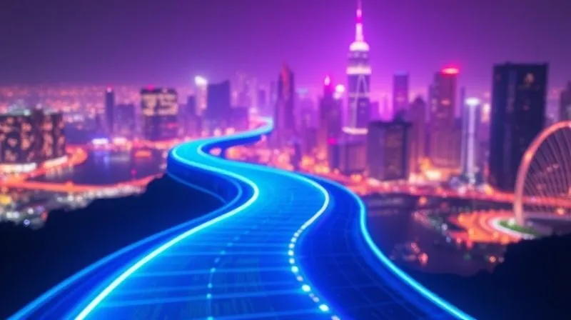 A photorealistic, professional photography image of a winding, illuminated digital pathway stretching into a distant, futuristic cityscape, symbolizing growth, innovation, and a clear path forward in the evolving Open Banking landscape. The scene is vibrant with neon blue and purple cinematic lighting, sharp focus on the pathway, depth of field blurring the futuristic city. 8K hyper-detailed, shot on a high-end DSLR.