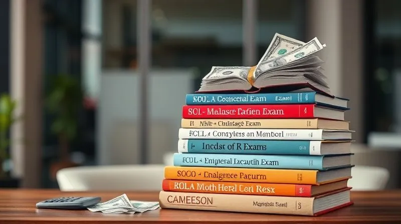 A photorealistic image of a stack of diverse professional exam textbooks, with a calculator and a few scattered dollar bills on top, all bathed in soft, focused light against a blurred background of a modern office, conveying the financial investment in career growth.