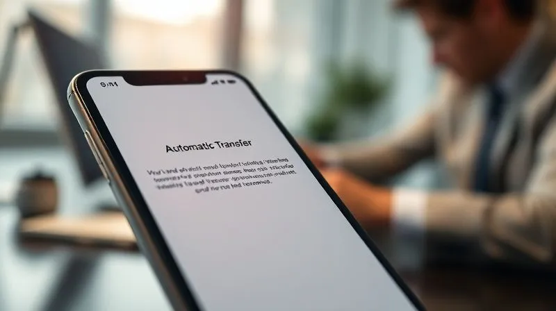 A photorealistic close-up of a smartphone screen displaying a banking app with an 'automatic transfer' confirmation, with a blurred background of a professional working at a desk, cinematic lighting, sharp focus on the phone, depth of field, 8K hyper-detailed, professional photography.
