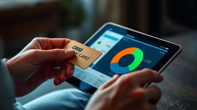 A photorealistic image of a person's hand holding a credit card, while their other hand uses a budgeting app on a tablet, showing a pie chart of expenses, cinematic lighting, sharp focus on the tablet, depth of field, 8K hyper-detailed, professional photography.
