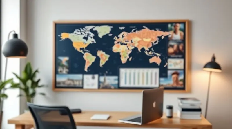 A photorealistic image of a sleek vision board on a modern office wall, featuring vibrant travel photos, maps, and a small, neatly organized savings tracker, all in sharp focus, depth of field blurring the background of a stylish workspace, 8K hyper-detailed, professional photography.