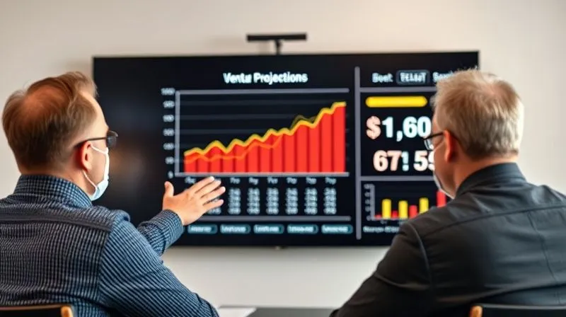 A photorealistic image of an entrepreneur confidently presenting financial projections on a large screen to two venture capitalists. The screen shows a detailed yet clean graph with data points and clear labels. The entrepreneur is gesturing towards the screen, maintaining eye contact, cinematic lighting, sharp focus on the presenter and the screen, depth of field blurring the investors slightly, 8K hyper-detailed, professional photography, shot on a high-end DSLR.