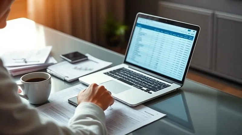 A photorealistic image of a person sitting at a modern desk, meticulously reviewing a digital budget spreadsheet on a laptop, surrounded by neatly organized financial documents and a cup of coffee. The lighting is soft and focused on the screen, indicating deep concentration and financial clarity. Sharp focus on the screen and documents, depth of field blurring the background. Professional photography, 8K, shot on a high-end DSLR.