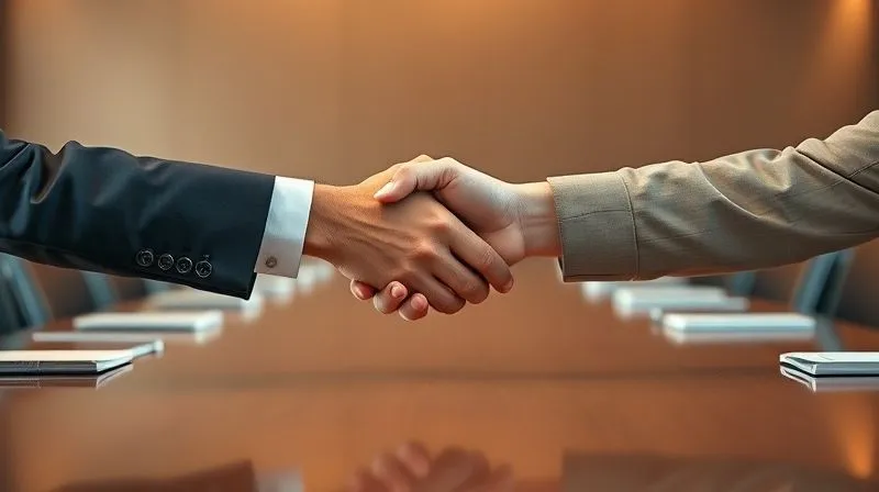 A photorealistic image of a person confidently shaking hands with a potential employer or client across a polished conference table, suggesting a successful salary negotiation or securing a new freelance contract. Professional attire, warm lighting, and a subtle smile on both faces convey a positive outcome. Sharp focus on the handshake, depth of field blurring the background. Professional photography, 8K, shot on a high-end DSLR.