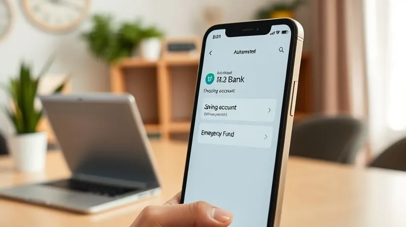 A photorealistic image of a digital banking interface on a smartphone screen, showing an automated transfer successfully completed from a checking account to a savings account labeled 'Emergency Fund.' The background is a clean, modern home office setting, suggesting financial organization and progress. Sharp focus on the smartphone screen, depth of field blurring the background. Professional photography, 8K, shot on a high-end DSLR.