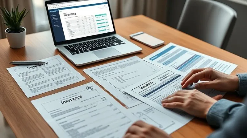 A photorealistic image of a person reviewing various insurance documents and policy statements laid out on a clean, wooden table, with a laptop open displaying financial planning software in the background. The scene conveys a sense of careful financial management and protection. Cinematic lighting, sharp focus on the documents, depth of field blurring the background. Professional photography, 8K, shot on a high-end DSLR.
