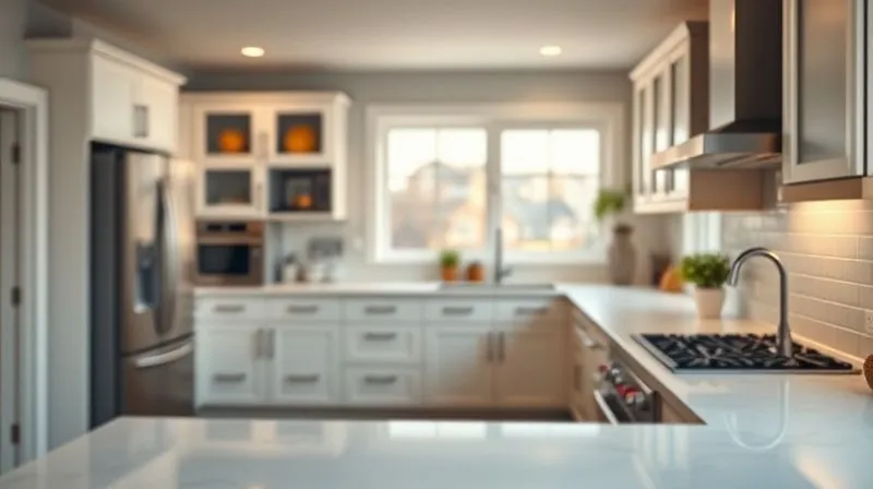 Photorealistic, professional photography, 8K, cinematic lighting, sharp focus, depth of field, shot on a high-end DSLR. A modern, beautifully renovated kitchen with sleek countertops and new appliances, bathed in warm, inviting light. In the background, a subtle, blurred image of an older, outdated kitchen provides contrast, emphasizing the transformation and value addition. The scene evokes a sense of progress and smart investment.