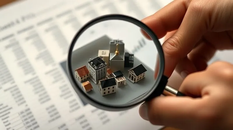 Photorealistic, professional photography, 8K, cinematic lighting, sharp focus, depth of field, shot on a high-end DSLR. A hand holding a magnifying glass over a miniature real estate portfolio, with certain properties highlighted or circled, symbolizing strategic decision-making and selection for a partial sale. The background is a subtle, blurred financial ledger, emphasizing financial management. The image conveys careful analysis and tactical planning.