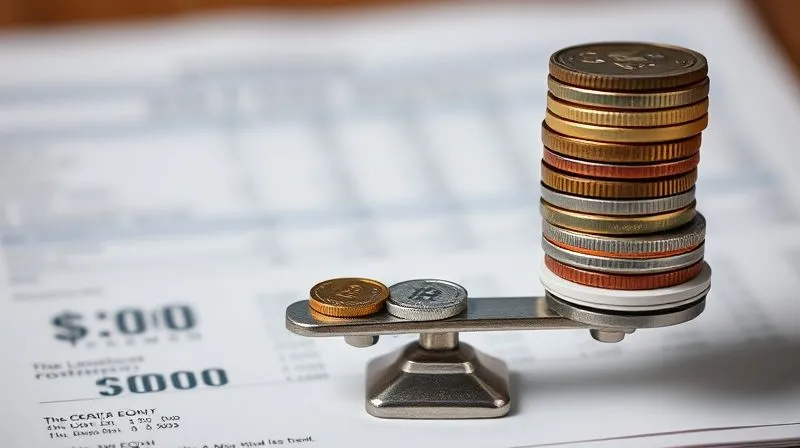 Photorealistic, professional photography, 8K, cinematic lighting, sharp focus, depth of field, shot on a high-end DSLR. A stack of coins and bills carefully balanced on a small, intricate scale, with one side slightly heavier, symbolizing the delicate balance of leveraging equity. The background is a subtly blurred financial document, emphasizing the financial decision-making involved. The image conveys precision and careful risk assessment.
