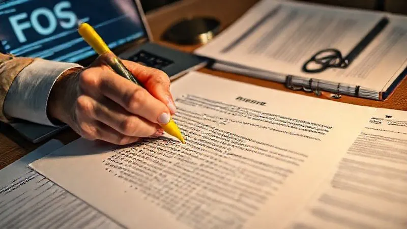 A photorealistic close-up of a hand meticulously highlighting specific sentences on a complex FOS decision letter with a yellow marker, surrounded by legal documents and a laptop displaying FOS guidelines. 8K, professional photography, cinematic lighting, sharp focus, depth of field.
