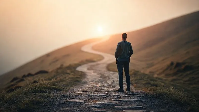 A photorealistic image of a person standing at a crossroads, looking determinedly down a challenging, winding path, with a distant, bright light symbolizing a goal. The path is slightly blurred with depth of field, emphasizing the journey ahead. 8K, professional photography, cinematic lighting, sharp focus.