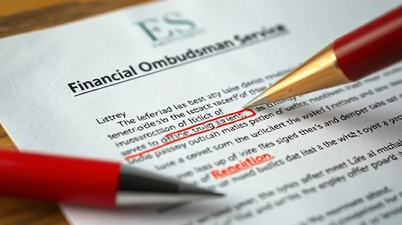 A close-up, photorealistic image of a Financial Ombudsman Service decision letter, with a red pen circling key sentences, signifying critical review. Professional photography, 8K, cinematic lighting, sharp focus on the document, depth of field, shot on a high-end DSLR.