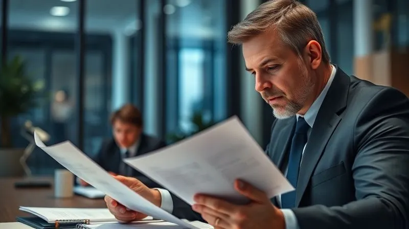 A photorealistic image of a legal professional (lawyer) in a modern office, deep in thought while reviewing documents, a client partially visible in the background. Professional photography, 8K, cinematic lighting, sharp focus on the lawyer's face and documents, depth of field, shot on a high-end DSLR.
