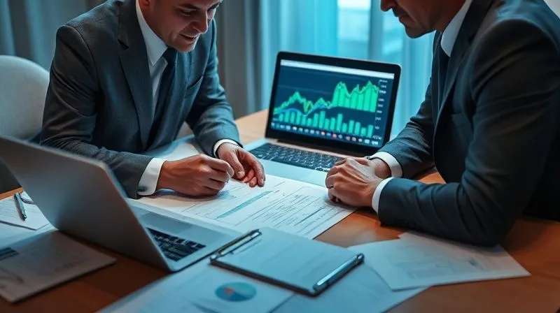 A photorealistic image of two professionals, one a financial expert and the other a legal advisor, collaborating intently over a document-strewn table, a laptop displaying financial charts in the background. Professional photography, 8K, cinematic lighting, sharp focus on the individuals and documents, depth of field, shot on a high-end DSLR.