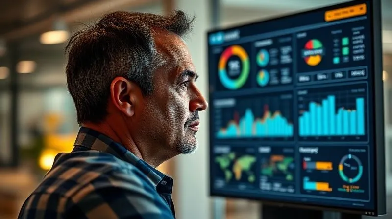 A photorealistic image of a business owner thoughtfully reviewing a digital dashboard displaying key financial metrics and insurance claim history. The screen shows clear, intuitive data visualizations. Cinematic lighting, sharp focus on the person's face reflecting contemplation, 8K, professional photography, shot on a high-end DSLR, depth of field blurring the office background.
