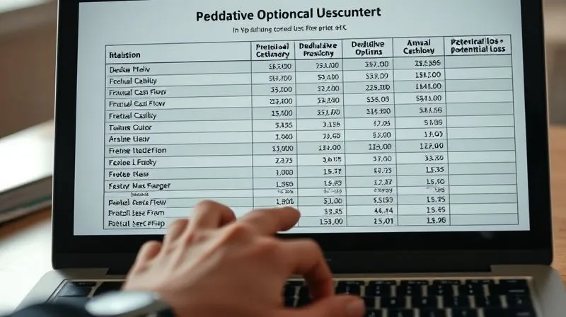 A photorealistic image of a sophisticated financial spreadsheet on a laptop screen, showing columns for different deductible options and their projected impact on annual cash flow, premiums, and potential loss. A hand is pointing to a specific cell. Cinematic lighting, sharp focus on the screen and hand, 8K, professional photography, shot on a high-end DSLR, depth of field blurring the desk elements.