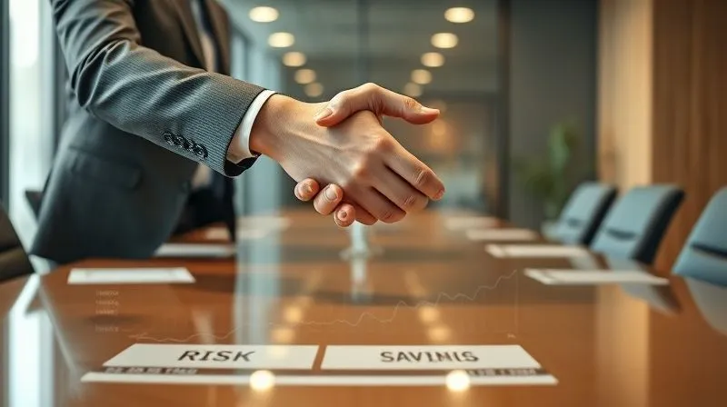 A photorealistic image of two business professionals shaking hands across a polished conference table, representing a successful negotiation. In the foreground, a chart with a downward trend for 'risk' and an upward trend for 'savings' is subtly visible. Cinematic lighting, sharp focus on the handshake, 8K, professional photography, shot on a high-end DSLR, depth of field blurring the background.