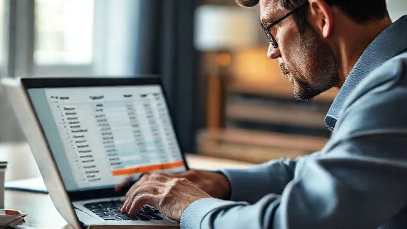 Photorealistic, professional photography, 8K, cinematic lighting, sharp focus, depth of field, shot on a high-end DSLR. A person thoughtfully looking at a spreadsheet on a laptop, displaying various credit card balances and a potential personal loan interest rate. The scene is calm and focused, reflecting financial planning and decision-making.