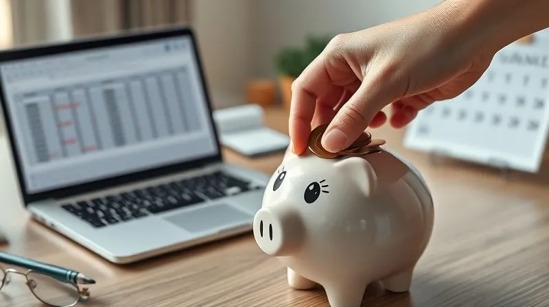 A photorealistic image of a person's hand placing a stack of coins into a piggy bank, with a blurred background of a neatly organized desk showing a laptop displaying a budget spreadsheet and a calendar with marked payment dates. The scene evokes a sense of financial discipline, growth, and forward planning. 8K, cinematic lighting, sharp focus, depth of field, professional photography, shot on a high-end DSLR.