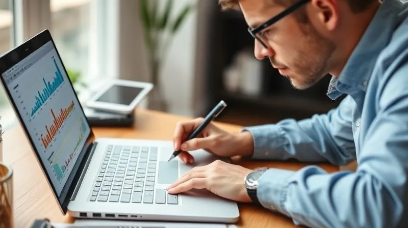 A photorealistic image of a professional, focused and determined, meticulously going through a detailed budget spreadsheet on a laptop, with a pen in hand. Graphs and financial data are visible on the screen, showing income and expenditure categories. The background is a clean, modern home office with soft, natural light, emphasizing organization and control. 8K, cinematic lighting, sharp focus, depth of field, shot on a high-end DSLR.
