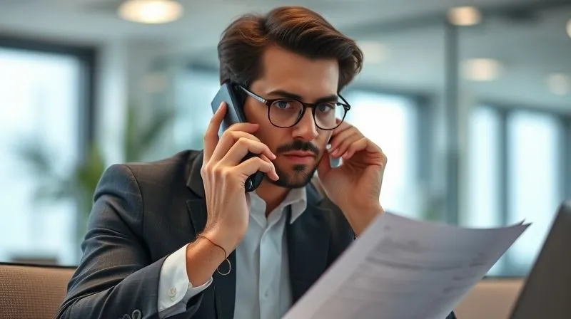 A photorealistic image of a determined professional on a phone call, holding financial documents and a pen. They are in a modern, well-lit office setting, conveying a sense of negotiation and problem-solving. The background is slightly blurred, focusing on the individual's resolve. 8K, cinematic lighting, sharp focus, depth of field, shot on a high-end DSLR.