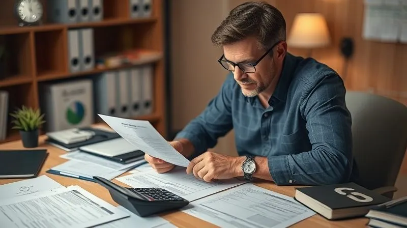 A photorealistic image of a person at a desk, surrounded by tax forms and a calculator, thoughtfully reviewing financial documents, with a focused expression. The scene is well-lit, emphasizing organization and careful financial planning, 8K, cinematic lighting, sharp focus, depth of field, shot on a high-end DSLR.