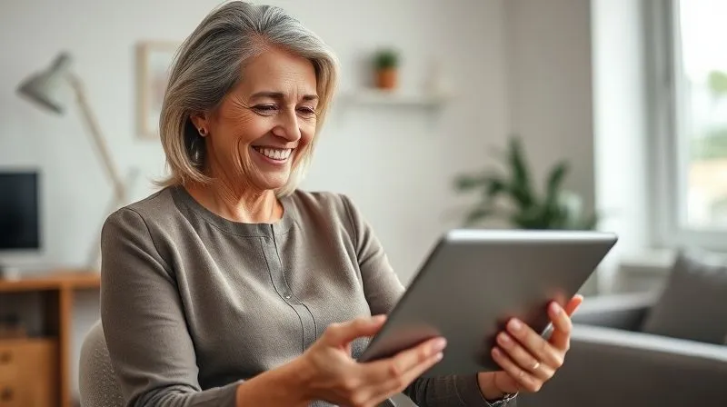 A photorealistic image of a woman, mid-50s, smiling confidently while looking at a tablet displaying financial charts, with a serene home office background. The image conveys financial security and successful planning, 8K, cinematic lighting, sharp focus, depth of field, shot on a high-end DSLR.